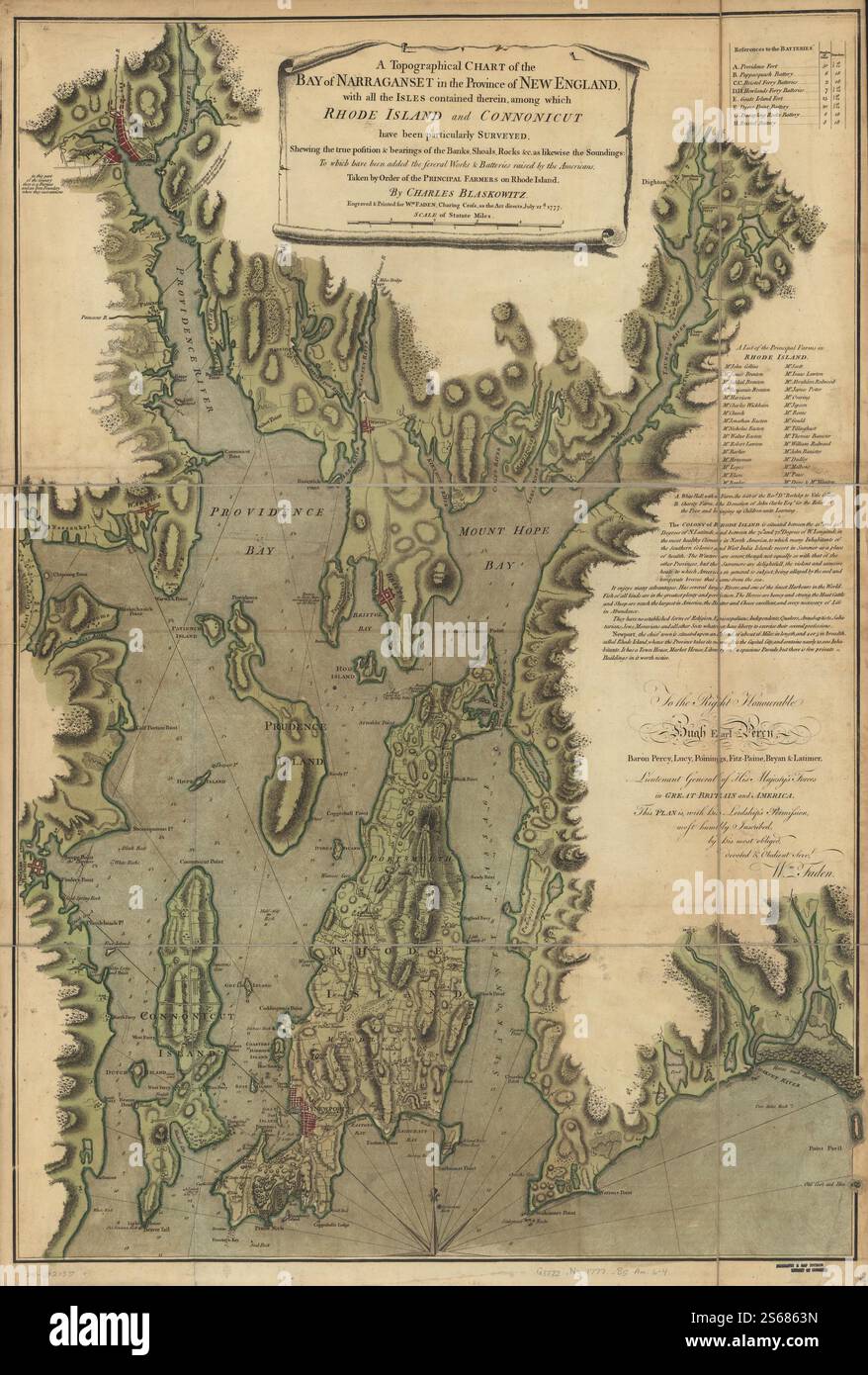 Une carte topographique de la baie de Narraganset dans la province de la Nouvelle-Angleterre, avec toutes les îles qui y sont contenues, parmi lesquelles Rhode Island et Connonicut ont été particulièrement étudiés, donnant la position réelle et les roulements des rives, hauts-fonds, rochers & c. Comme également les sondages ; auxquels ont été ajoutés les plusieurs ouvrages et batteries levés par les Américains. Prise par ordre des principaux agriculteurs du Rhode Island. 1777 par Blaskowitz Charles., Faden William Banque D'Images