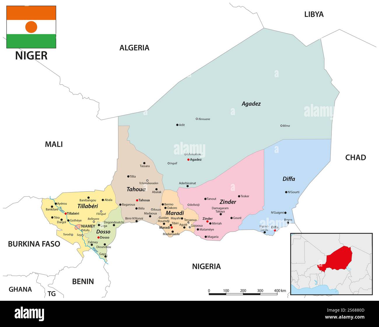 Carte vectorielle administrative de l'Etat ouest-africain du Niger Banque D'Images