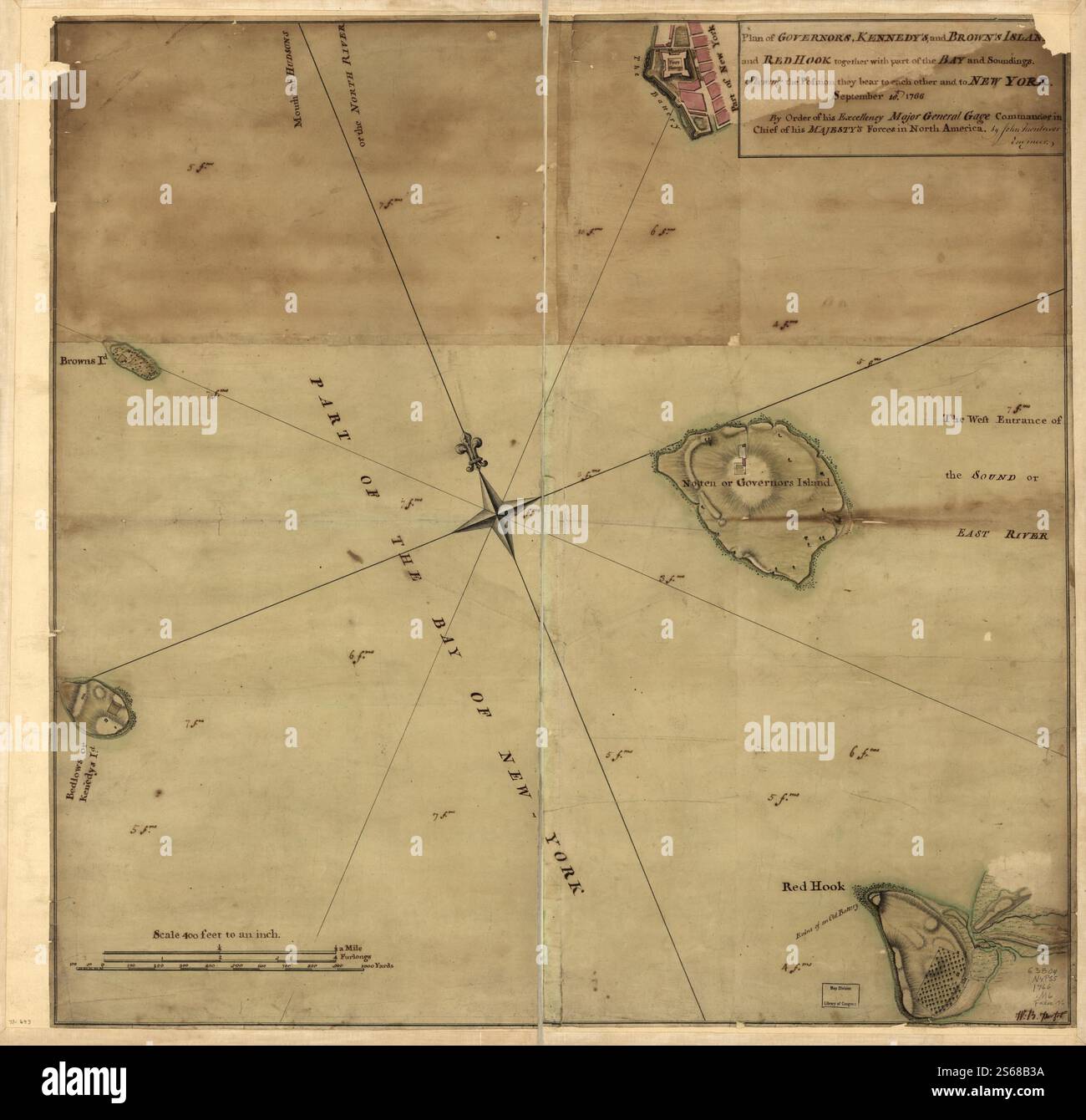 Plan de Governor's, Kennedy's, et Brown's Islan[ds] et Red Hook ainsi qu'une partie de la baie et des sondages, projetant la position qu'ils portent les uns aux autres et à New York, le 18 septembre. 1766. Par ordre de son Excellence le major-général Gage, commandant en chef des forces de sa Majesté en Amérique du Nord. 1766 par Montrésor John, porter William B. Banque D'Images