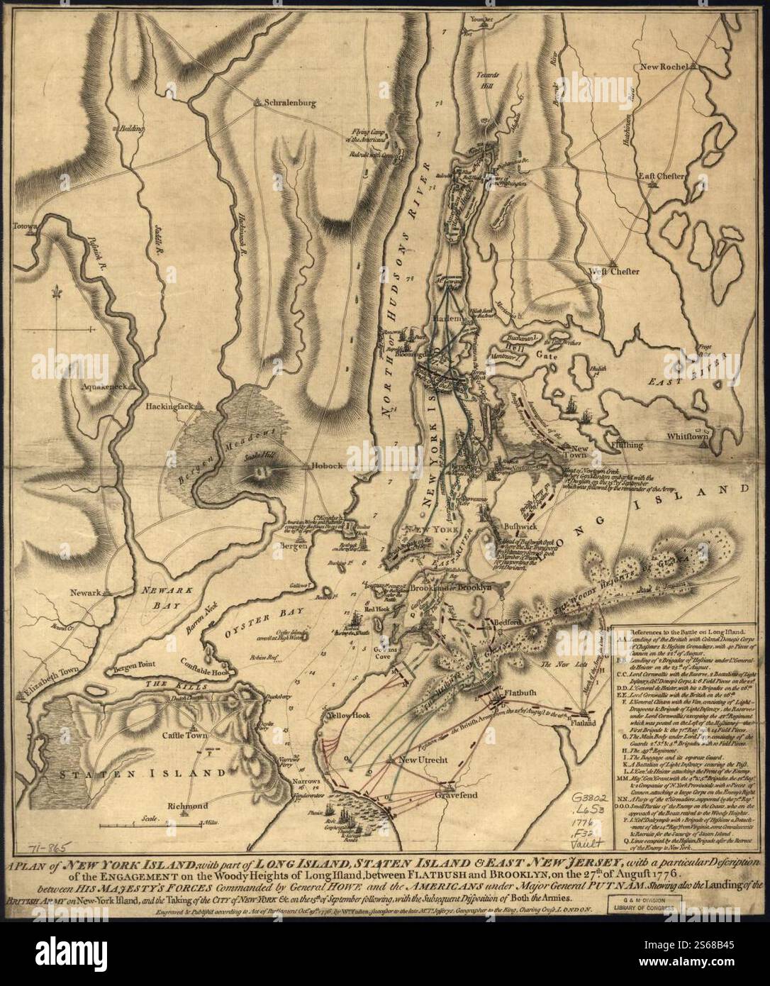 Un plan de l'île de New York, avec une partie de long Island, Staten Island et l'est du New Jersey, avec une description particulière de l'engagement sur les hauteurs boisées de long Island, entre Flatbush et Brooklyn, le 27 août 1776 entre les forces de sa Majesté commandées par le général Howe et les Américains sous le commandement du major général Putnam, qui renvoient également au débarquement de l'armée britannique sur l'île de New-York, et la ville de New-York Le 15 septembre suivant, avec la disposition ultérieure des deux armées. 1776 par Faden William Banque D'Images
