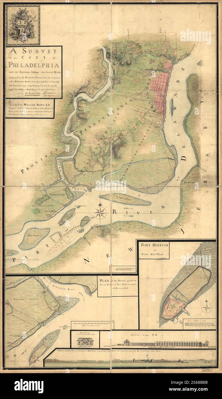 Une étude de la ville de Philadelphie et de ses environs montrant plusieurs ouvrages construits par les troupes de sa Majesté, sous le commandement de Sir William Howe, depuis leur possession de cette ville le 26e. Septembre 1777, comprenant également les attaques contre Fort Mifflin sur Mud Island, et jusqu'à sa réduction, le 16 novembre 1777. 1777 par Nicole Pierre, Montrésor John Banque D'Images