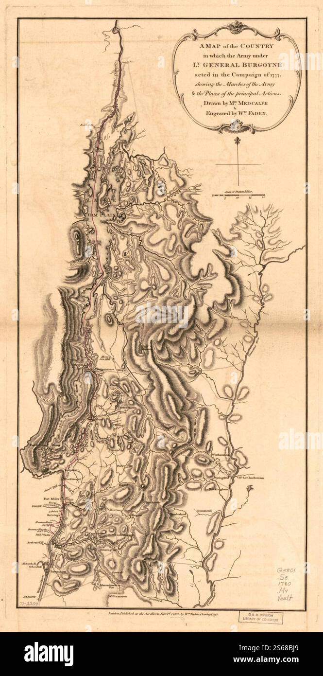 Une carte du pays dans lequel l'armée dirigée par le général Burgoyne a agi dans la campagne de 1777, jetant les marches de l'armée et les lieux des principales actions. 1780 par Medcalfe Mr., Faden William Banque D'Images
