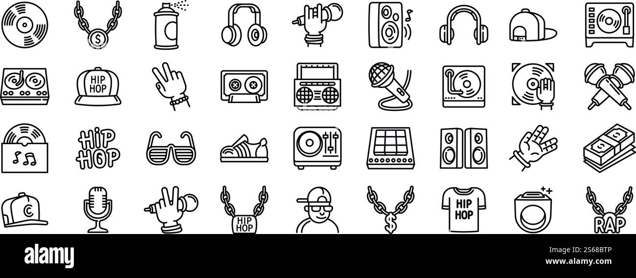 Icônes HipHop définies. Ensemble de contours d'icônes vectorielles hiphop pour la conception Web isolé sur fond blanc. Icônes HipHop définies, style de contour Illustration de Vecteur