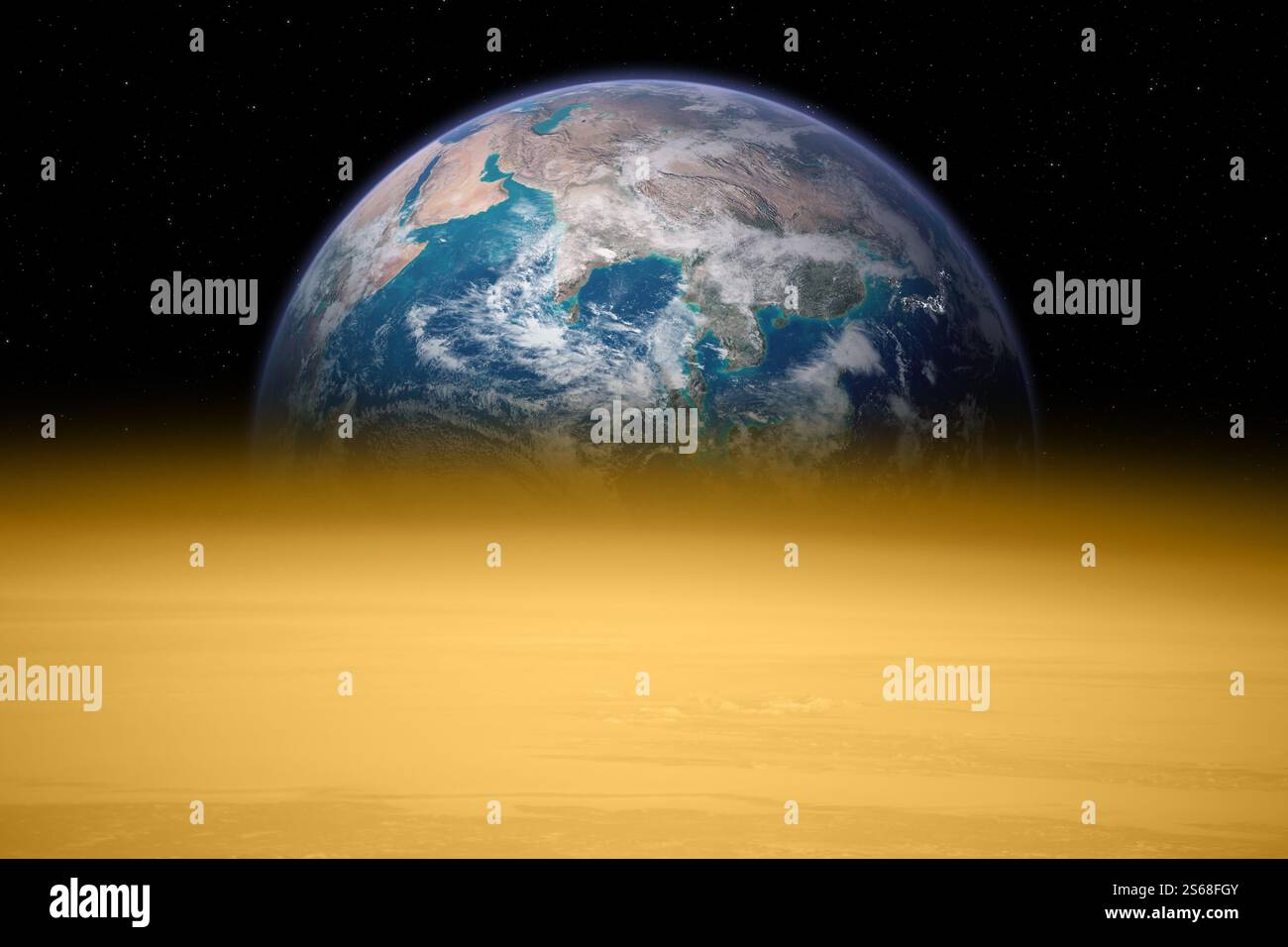 Vénus et la Terre dans l'espace. Alignement planétaire. Vue de la planète Terre à travers l'atmosphère de la planète Vénus. Éléments de cette image fournis par la NASA. Banque D'Images