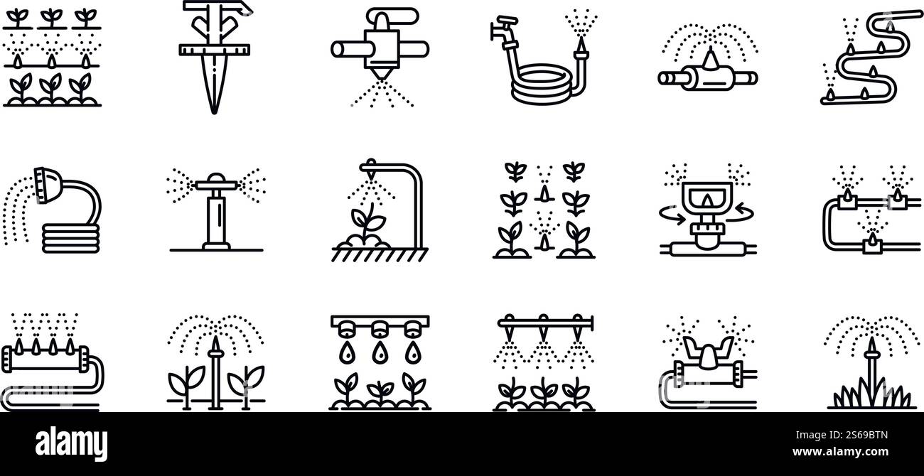 Icônes du système d'irrigation définies. Ensemble de contours d'icônes vectorielles de système d'irrigation pour la conception de Web isolé sur fond blanc. Icônes du système d'irrigation définies, style de contour Illustration de Vecteur