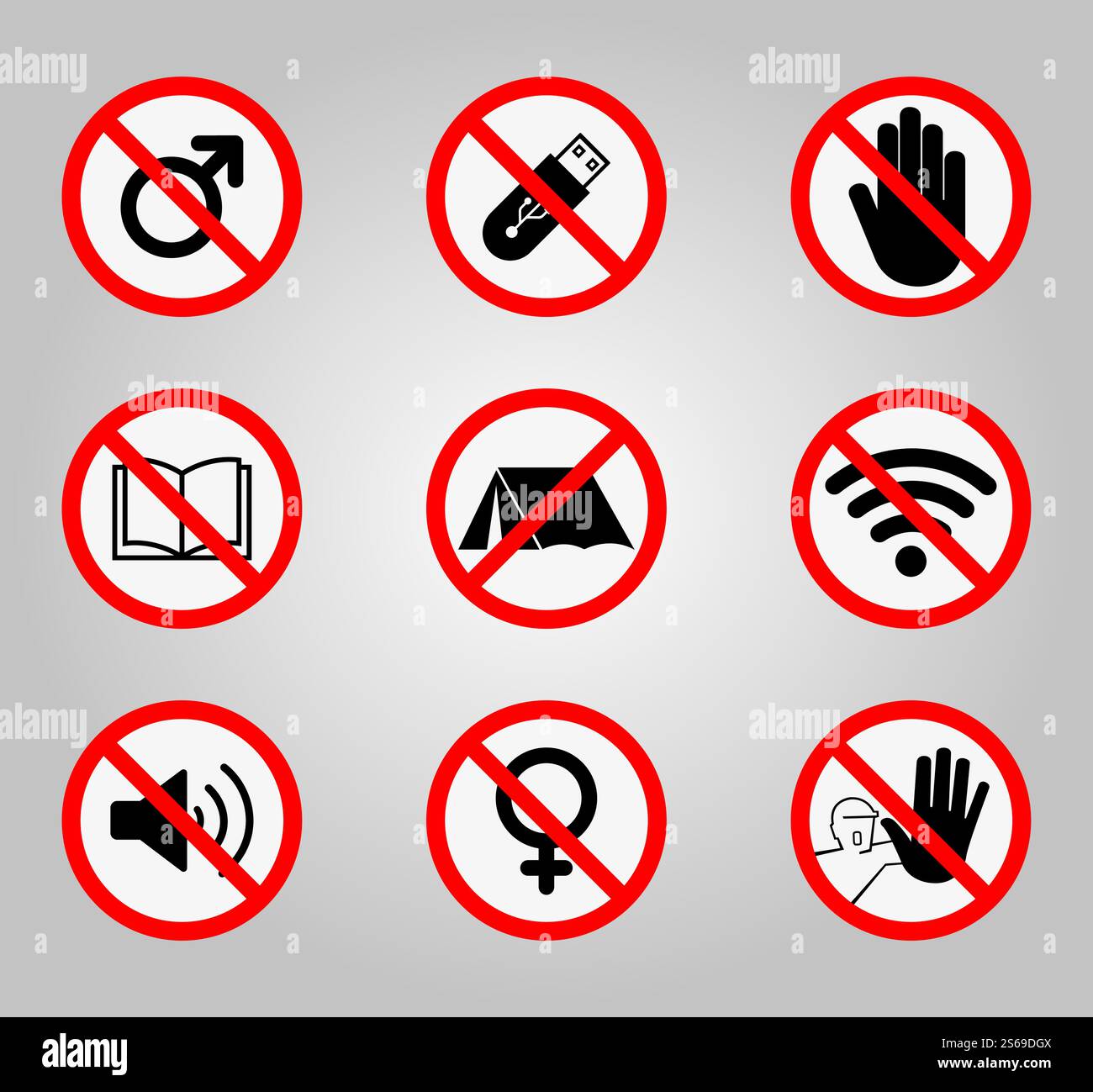 Panneaux d'interdiction et divers signes d'avertissement icône symbole signe isoler sur fond blanc, illustration vectorielle Illustration de Vecteur