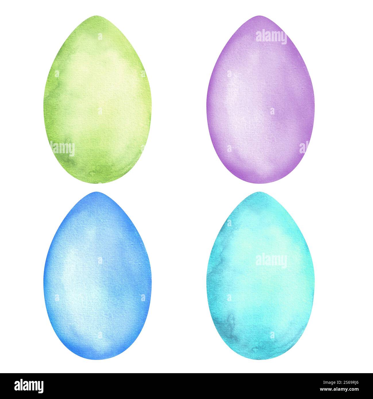Un paquet de quatre œufs colorés. Vert, bleu, lilas et turquoise. Oeufs de Pâques. Clipart de vacances de Pâques. Illustrations d'aquarelle dessinées à la main 1 Banque D'Images