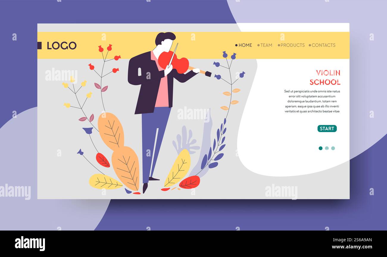 L'éducation musicale violon école de vecteur de modèle de page Web homme jouant des classes d'art d'instrument de musique s'inscrivant ou des leçons en ligne abonnement de site Internet maquette concert ou mélodie de performance. Modèle de page Web d'éducation musicale de l'école de violon Illustration de Vecteur