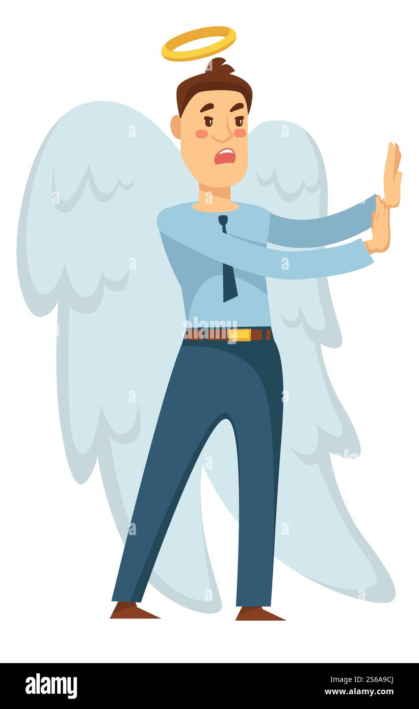 Ange avec des ailes et halo homme d'affaires s'arrêtant du vecteur de mauvaise décision bon côté droit choix protection et soin ciel créature homme dans le costume de bureau concerné regarder le concept de conscience d'entrepreneur. Ange homme d'affaires avec des ailes et halo s'arrêtant de mauvaise décision Illustration de Vecteur