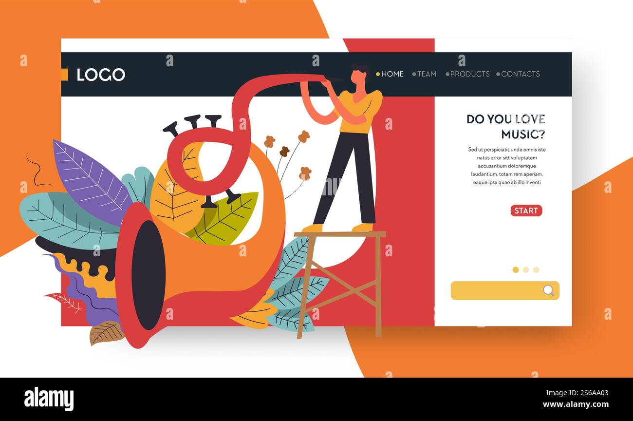Éducation musicale trompette école de vecteur de modèle de page Web homme jouant des classes d'art d'instrument de musique s'inscrivant ou abonnement de leçons en ligne site Internet maquette concert de jazz ou mélodie de performance. Trompette jouant des cours de page Web modèle concert jazz Illustration de Vecteur