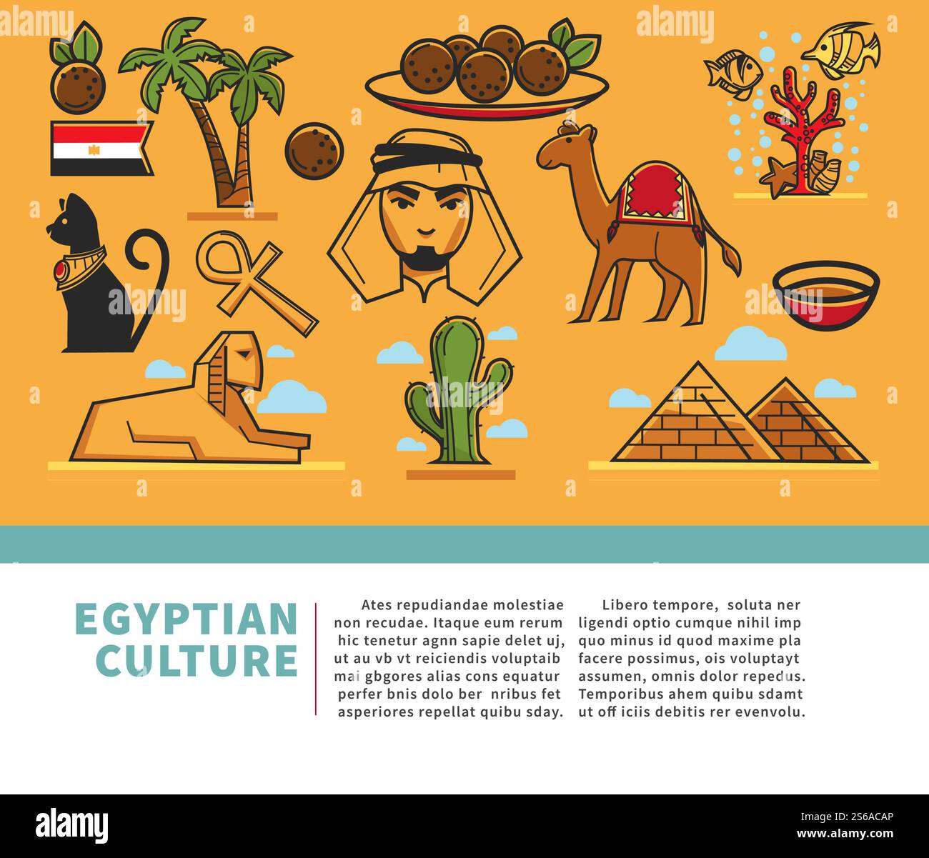 Égypte Resort symboles de la culture égyptienne voyage et tourisme vecteur national drapeau et palmiers boulettes de viande et récif de corail statue de chat et croix copte bédouin et chameau sphinx et pyramides cactus .. Symboles de la culture égyptienne voyage et tourisme Egypte Resort Illustration de Vecteur