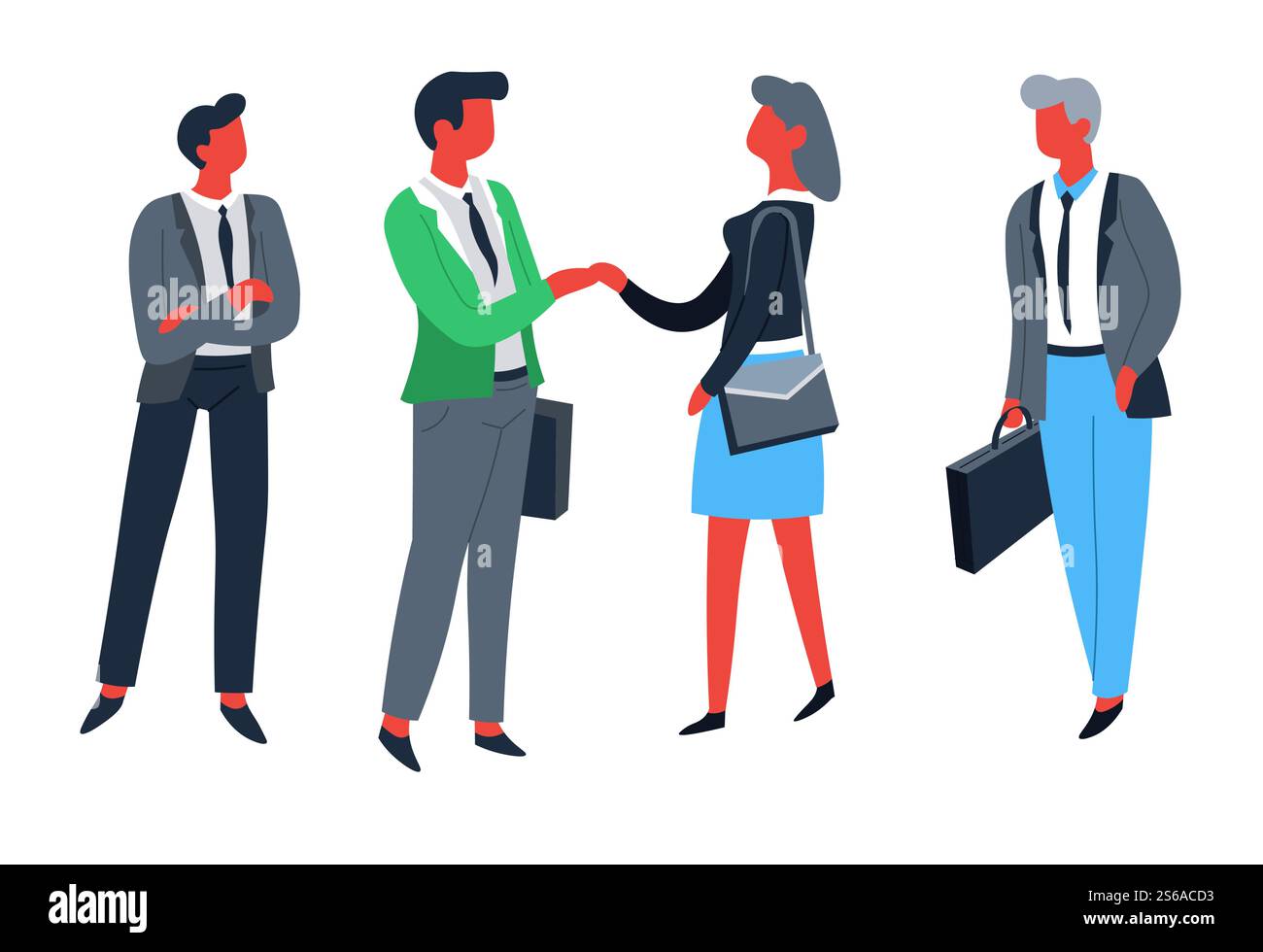 Poignée de main et traiter les hommes d'affaires et les femmes d'affaires travailleurs et employés caractères isolés vecteur employés de bureau de l'entreprise dans des costumes et des liens avec la coopération de porte-documents et la signature de contrat. Les hommes d'affaires et les femmes d'affaires ouvriers et employés se tiennent la main et traitent Illustration de Vecteur
