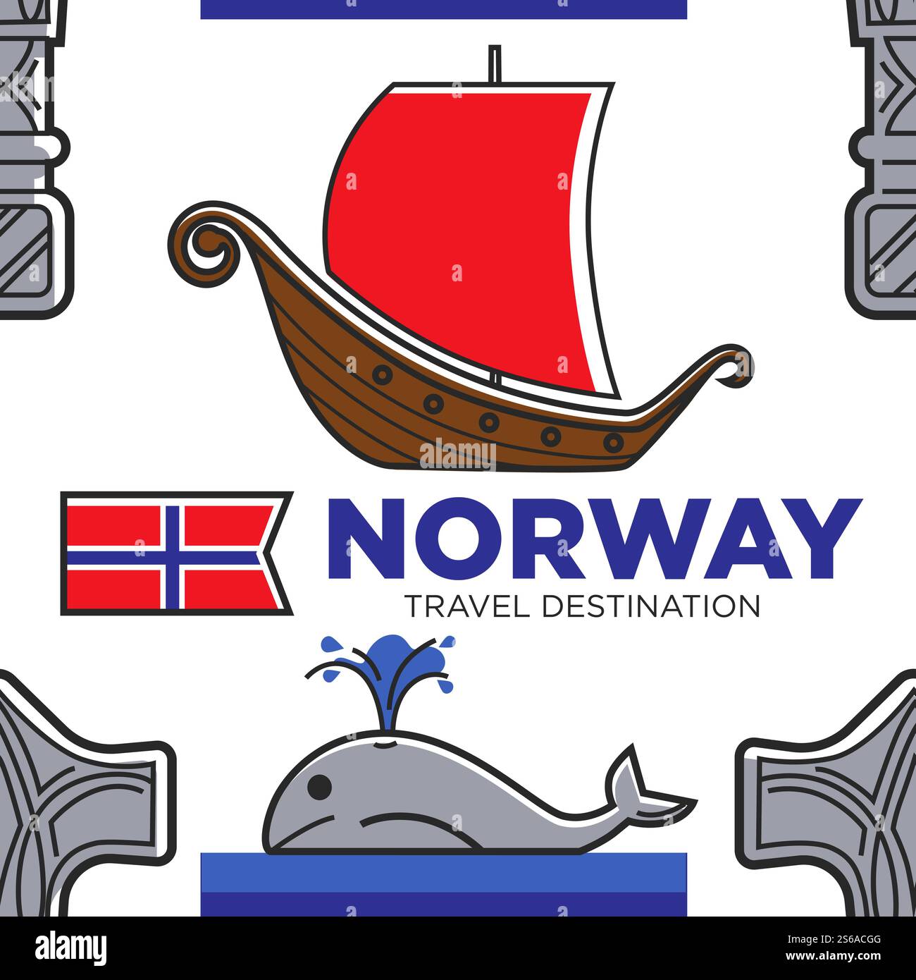 Culture norvégienne et histoire Norvège destination de voyage sans couture modèle vecteur navire et baleine Thor marteau et drapeau national texture sans fin vikings navire et mythologie sauvage fond d'écran animal aquatique.. Norvège destination de voyage modèle transparent culture norvégienne et histoire Illustration de Vecteur