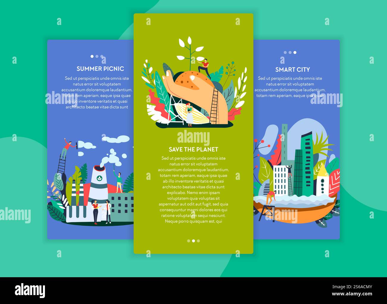 Save Planet STOP pollution et Smart City pages Web modèles vecteur usine ou émissions d'usine planter des arbres pour l'air frais et sans fil éco ville verte de prévention de la contamination de la Terre site Internet. Arrêtez la pollution sauver la planète et les modèles de pages Web de ville intelligente Illustration de Vecteur