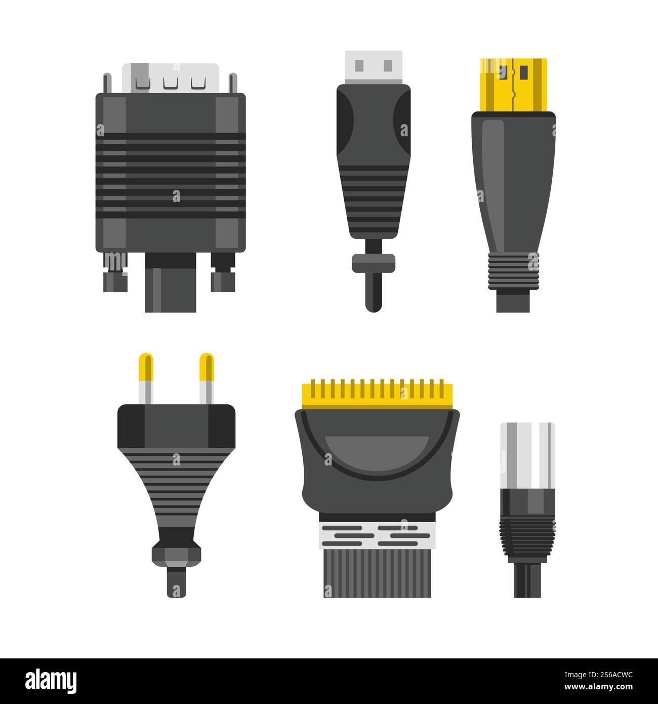 Câble de connexion et connecteurs adaptateurs audio ou vidéo et prise isolée Vector DVI et USB prise électrique et dispositifs technologiques reliant le câblage métallique et en caoutchouc se connecter et l'électricité. Connecteur ou câble de connexion adaptateurs audio et vidéo USB et DVI Illustration de Vecteur