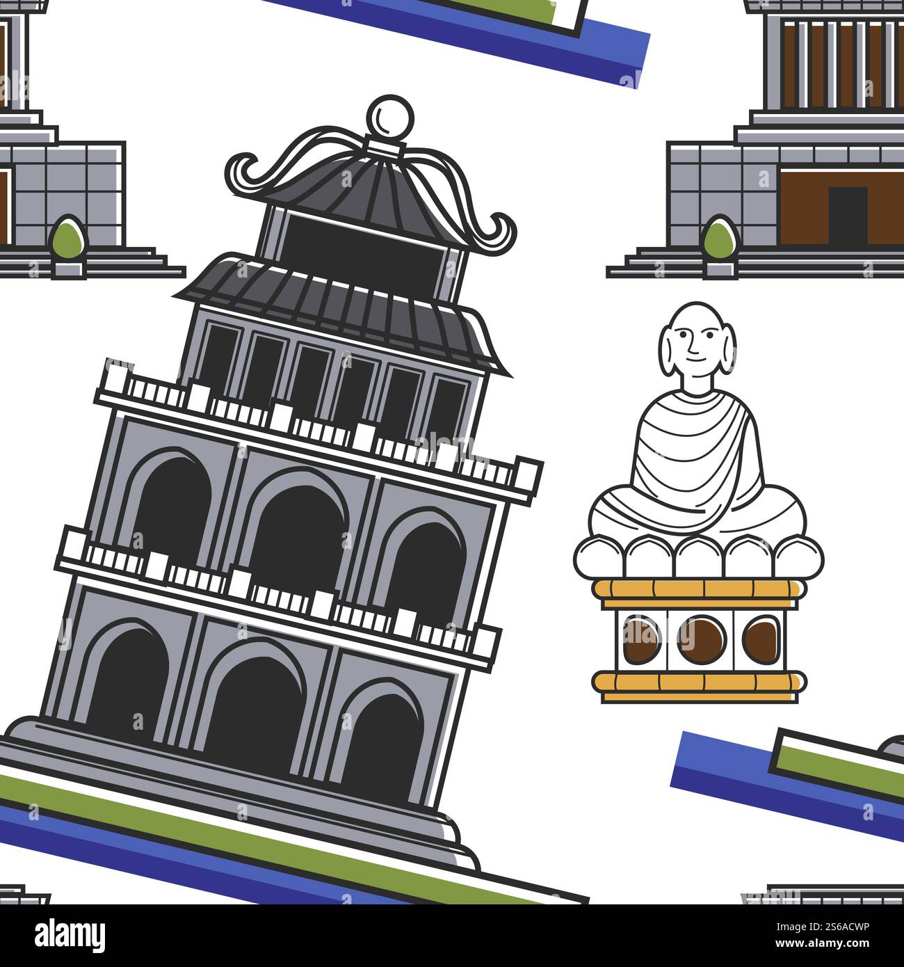 Bâtiment et statue de bouddha architecture vietnamienne modèle sans couture construction vectorielle et monument voyage et tourisme texture sans fin attraction et monument imprimé papier peint pays oriental. Bâtiment d'architecture vietnamienne et motif sans couture de statue de bouddha Illustration de Vecteur