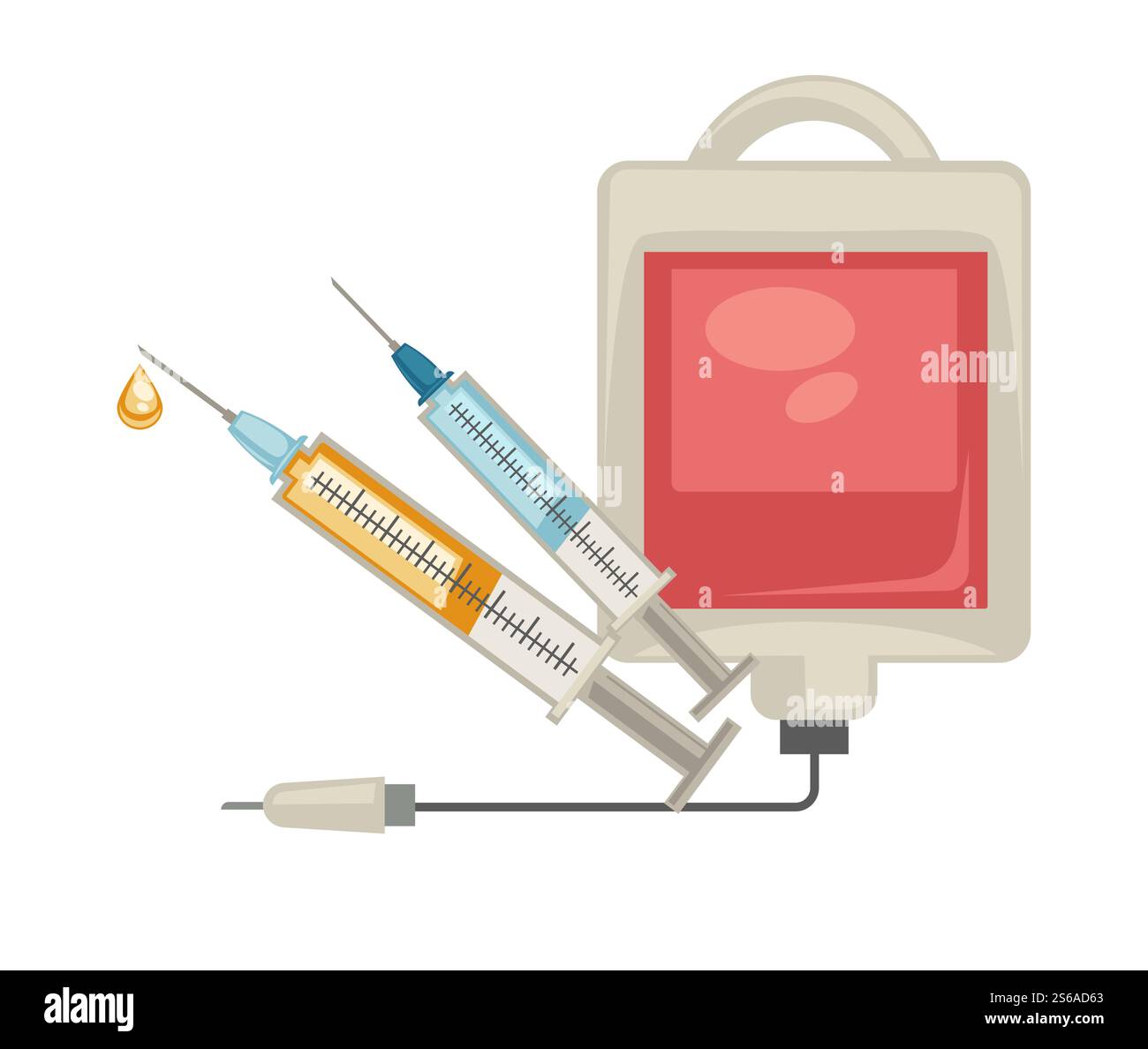 Injection et transfusion paquet de sang et seringue outils médicaux isolés médecine vectorielle et traitement des soins de santé vaccin et plasma don et vaccination services hospitaliers aiguille et compte-gouttes. Injection et transfusion d'outils médicaux isolés par poche de sang et seringue Illustration de Vecteur