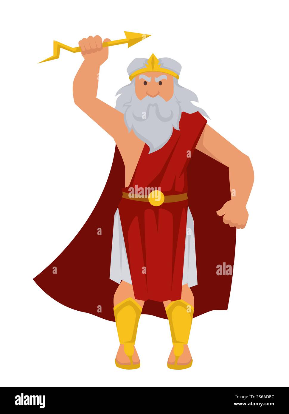 Grec Dieu Zeus isolé personnage masculin homme gris âgé avec flèche de forme de foudre dans le vecteur de main mythologie antique règle Olympus dans la cape rouge et la couronne d'or Grèce légendes et histoire pouvoir magique. Zeus grec Dieu isolé personnage masculin homme âgé avec la foudre à la main Illustration de Vecteur