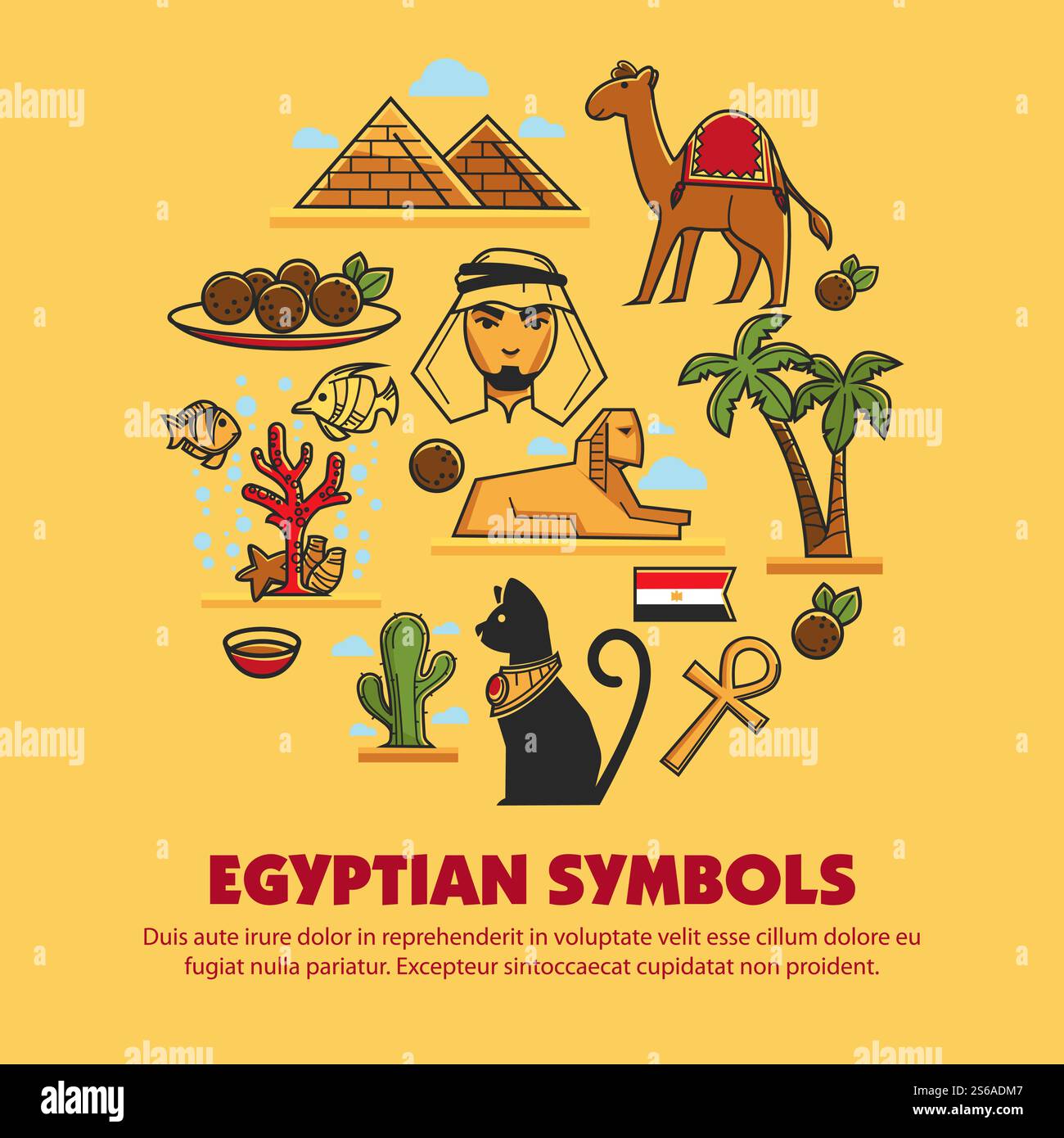 Égypte symboles architecture cuisine et animaux culture égyptienne pyramides vectorielles et palmiers de chameau et sphinx croix copte et chat bédouin et arabe homme et boules de viande récif corallien et drapeau de cactus .. Les symboles égyptiens voyagent en Egypte architecture cuisine et animaux Illustration de Vecteur