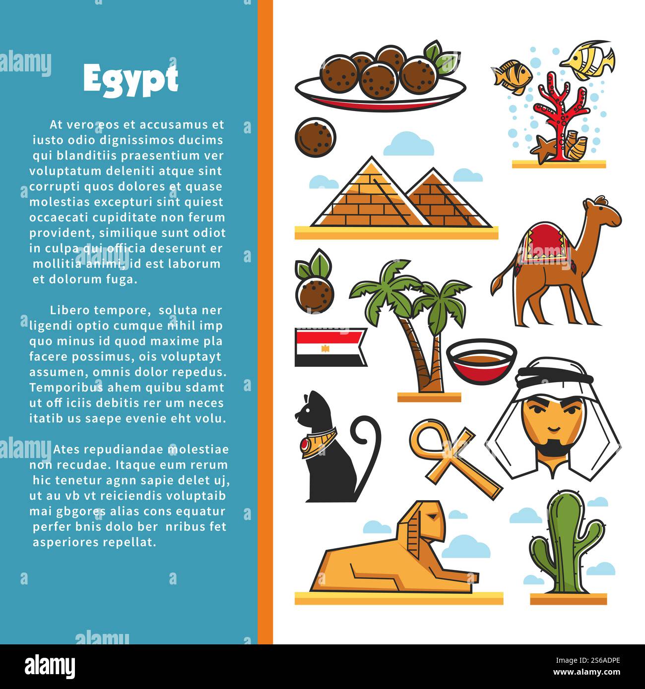 Bienvenue en Egypte architecture cuisine et animaux culture égyptienne vecteur tourisme pyramides et palmiers de chameau et sphinx Croix copte et chat bédouin et boules de viande récif corallien et cactus drapeau et thé .. Architecture et cuisine bienvenue à la culture égyptienne et aux animaux voyageant Illustration de Vecteur