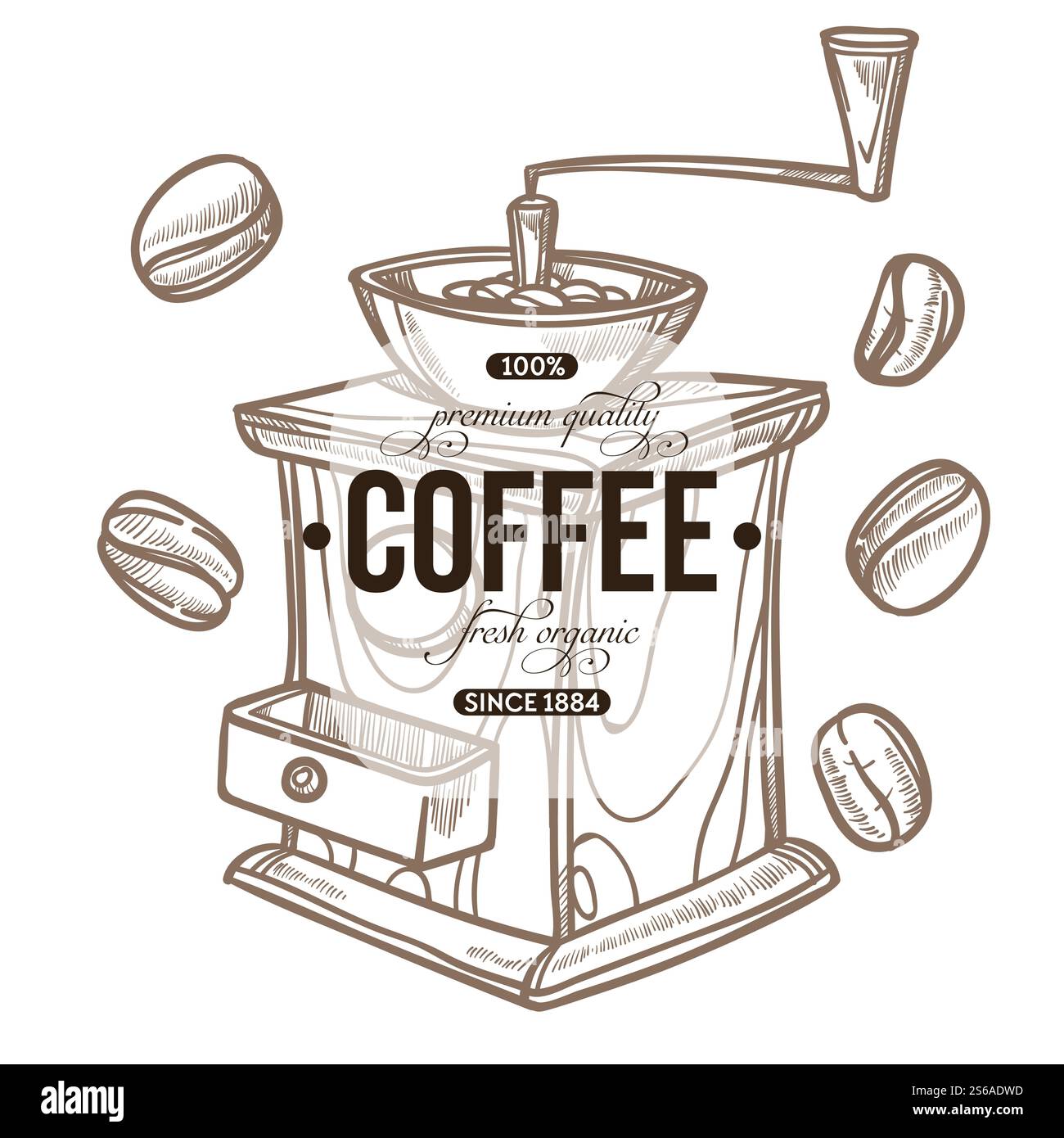 Café de traitement des grains de café moulin à café ou bar vecteur de boisson chaude isolé icône d'esquisse brassant l'énergie de caféine petit déjeuner grains d'espresso naturel préparation de boisson mécanisme manuel d'outil de cuisine de préparation de boisson. Moulin à café et haricots icône de croquis isolé café ou bar Illustration de Vecteur