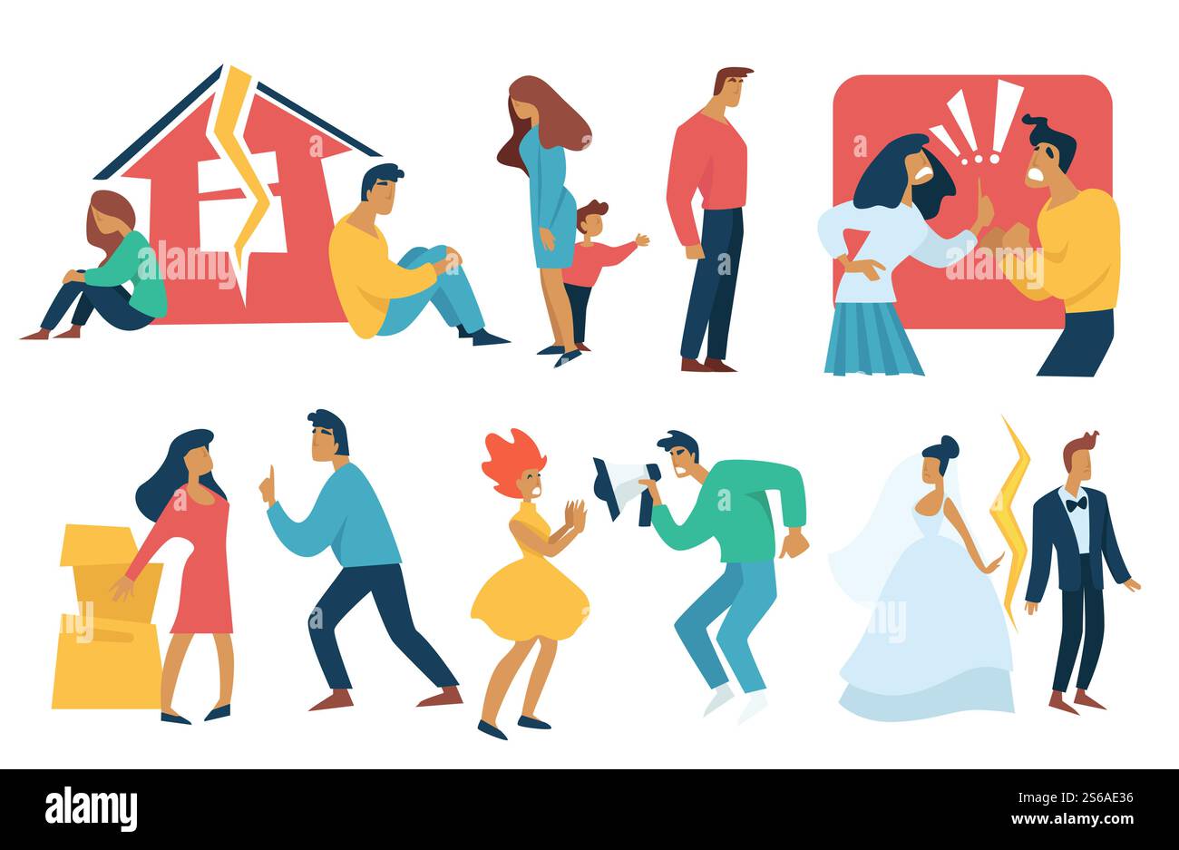 Problème relationnel divorce ou rupture d'argument familial mari et femme vecteur division de propriété et garde d'enfant combat et crier homme et femme mariage fin mariée et marié maison brisée .. Divorce dispute familiale problème de relation mari-femme Illustration de Vecteur