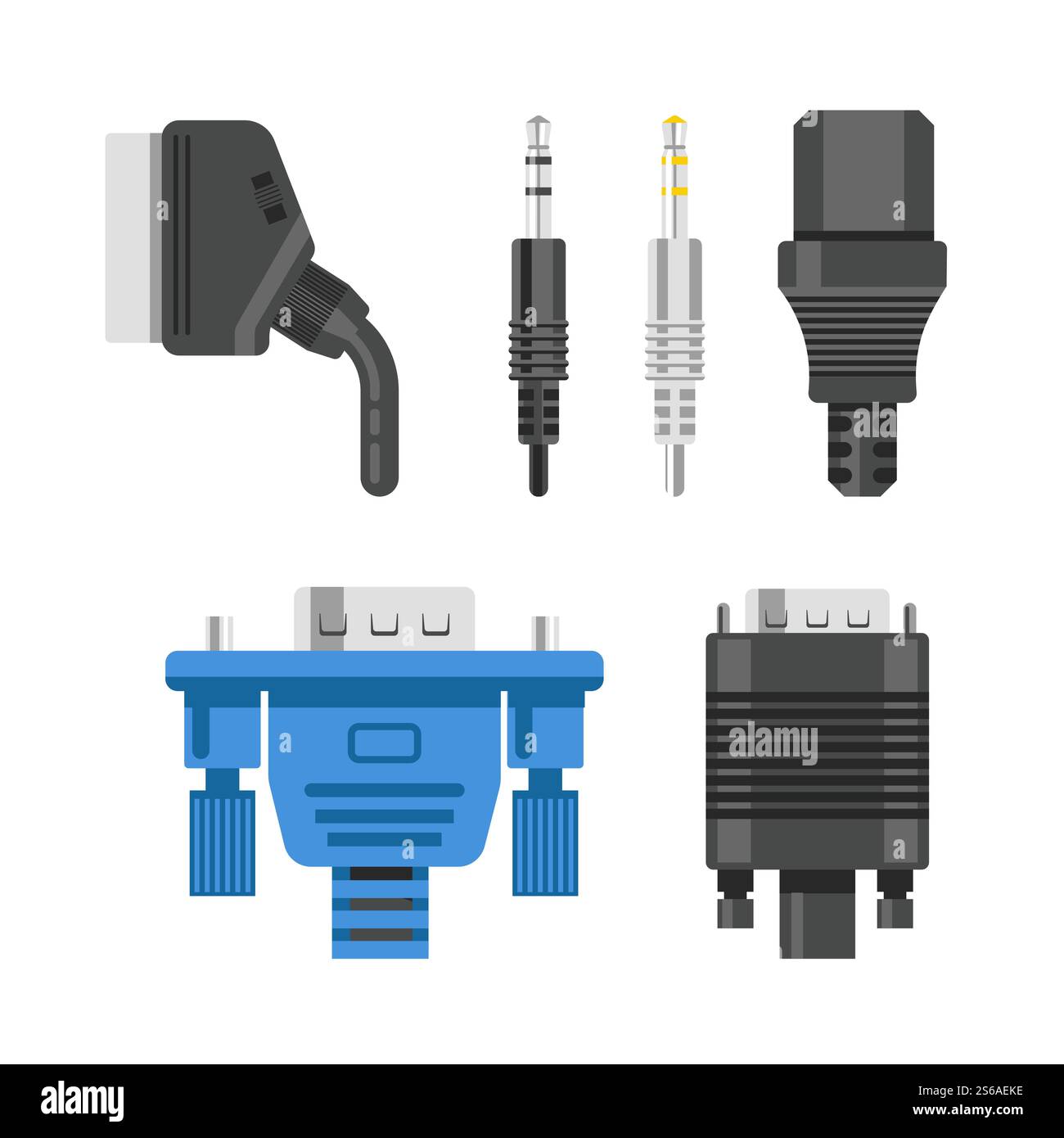 Câble de connexion et connecteurs adaptateurs audio ou vidéo et prise Vector isolé port réseau Ethernet HDMI et DVI RCA appareil électrique et dispositifs technologiques reliant le câblage en métal et en caoutchouc. Câble de connexion et connecteurs adaptateurs audio ou vidéo et fiche vectorielle isolée Illustration de Vecteur
