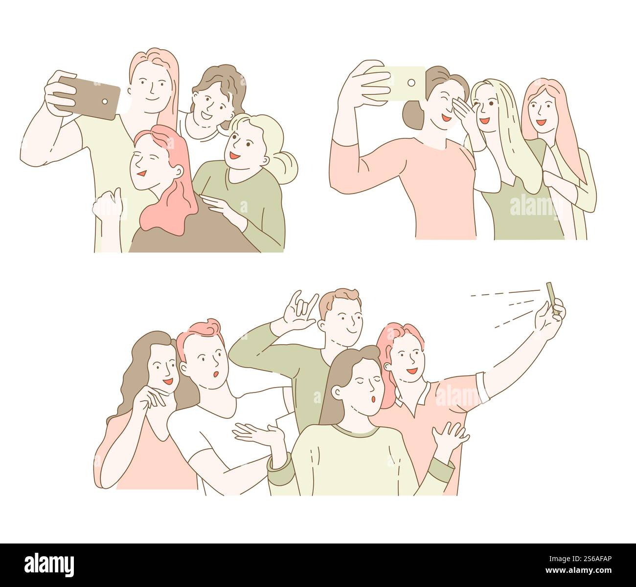 Amis se réunissant ou camarades de classe prenant selfie sur le vecteur photo de groupe smartphone photographie de personnages isolés sur la caméra frontale filles et garçons la technologie moderne photoshot la paix posant. Camarades de classe se réunissant ou amis rencontrant selfie ou photo de groupe Illustration de Vecteur