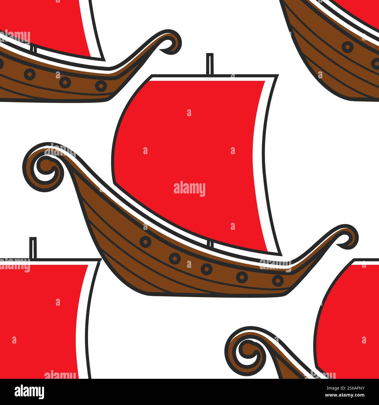 Vikings Vessel Seamless pattern Norvège ancien navire vecteur voilier en bois avec des voiles rouges vieux navire de guerre norvégien texture sans fin voyage et symbole de pays de tourisme ou impression de papier peint relique. Navire antique de Norvège vikings Vessel Seamless pattern Illustration de Vecteur