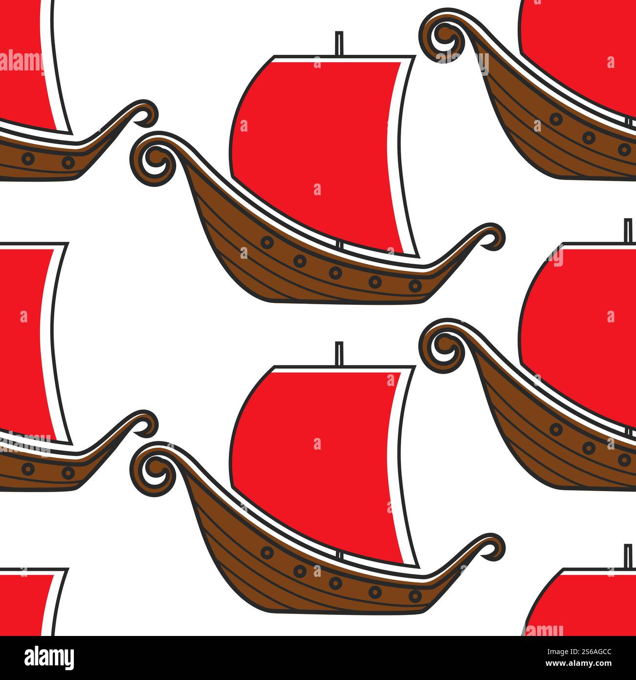 Vikings voilier norvégien ancien navire de guerre sans couture vecteur de modèle bateau en bois avec des voiles rouges symbole Norvège texture infinie voyage et pays de tourisme relique traditionnel imprimé papier peint de navire. Navire de guerre antique norvégien vikings voilier modèle sans couture Illustration de Vecteur