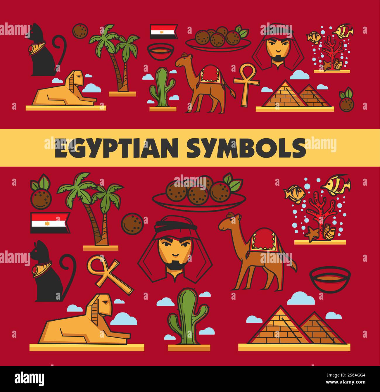Culture égyptienne et symboles Egypte architecture cuisine et animaux vecteur tourisme pyramides et palmiers chameaux et sphinx ankh et chat bédouin et viande, boules récif corallien et cactus drapeau national et thé. Symboles égyptiens monuments de la culture égyptienne et bannière de cuisine Illustration de Vecteur
