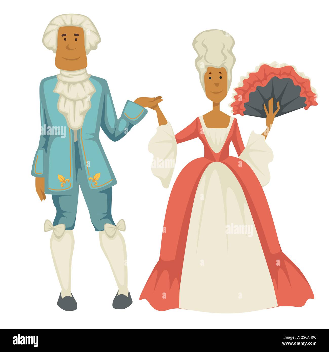 Cour dame et cavalier baroque époque homme avec jabot et femme dans la robe de bal avec fan vecteur couple de mode antique dans les perruques tenant les mains vêtements traditionnels corset robe et veste réception royale. Baroque époque homme et femme cour dame et cavalier Illustration de Vecteur