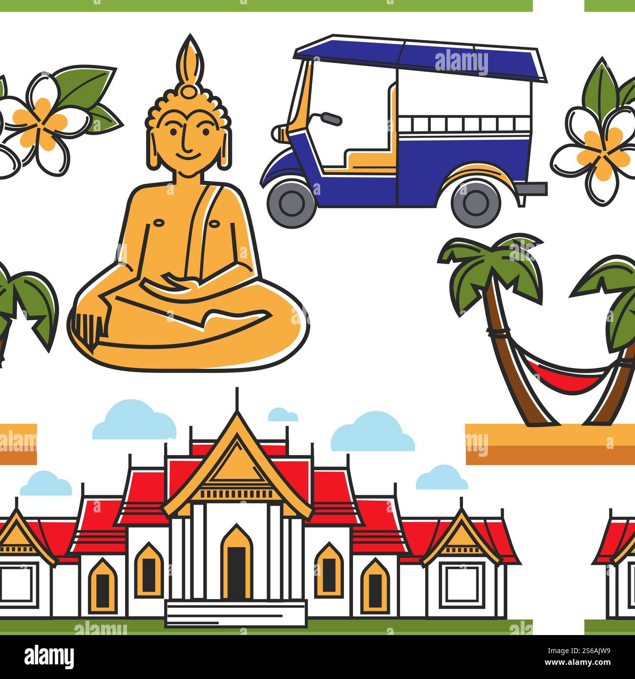 Architecture nature et transport Thaïlande symboles de motif sans couture vecteur statue de Bouddha et plage de chariot de ville avec palmiers et temple bâtiment de texture sans fin monument et impression de papier peint de point de repère .. Thaïlande symboles sans couture architecture de modèle nature et transport Illustration de Vecteur