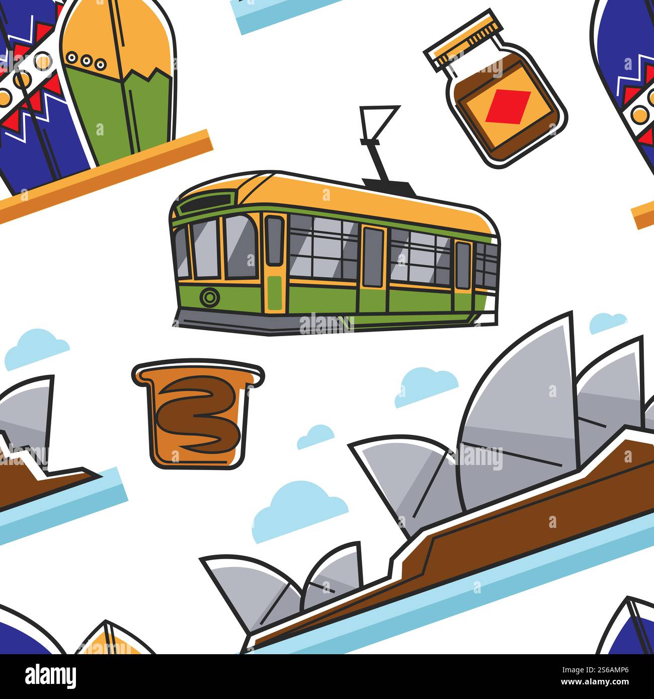 Voyages et tourisme Australie symboles australiens motif vectoriel sans couture tramway et sandwich planche de surf avec crème au chocolat et opéra de Sydney texture infinie architecture, nourriture et attractions. Symboles australiens sans couture motif voyage et tourisme Australie Illustration de Vecteur