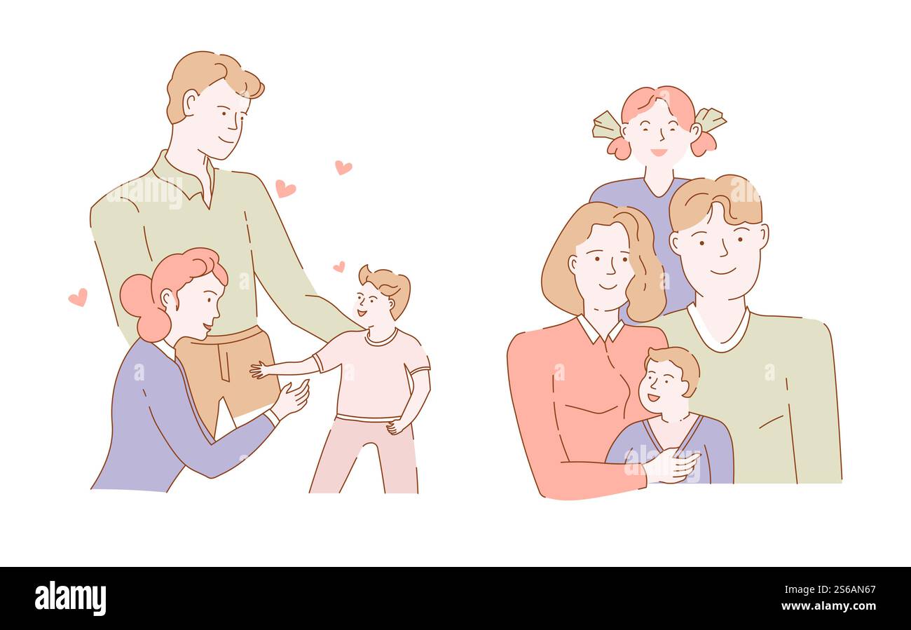 Famille mère père fils et fille personnages isolés amour et soin vecteur homme et femme enfant ou enfant papa tenant bébé câlin ou embrasser, parents mariés couple frère et soeur mari et femme. Mère et père enfants portrait de famille groupes de personnages isolés Illustration de Vecteur
