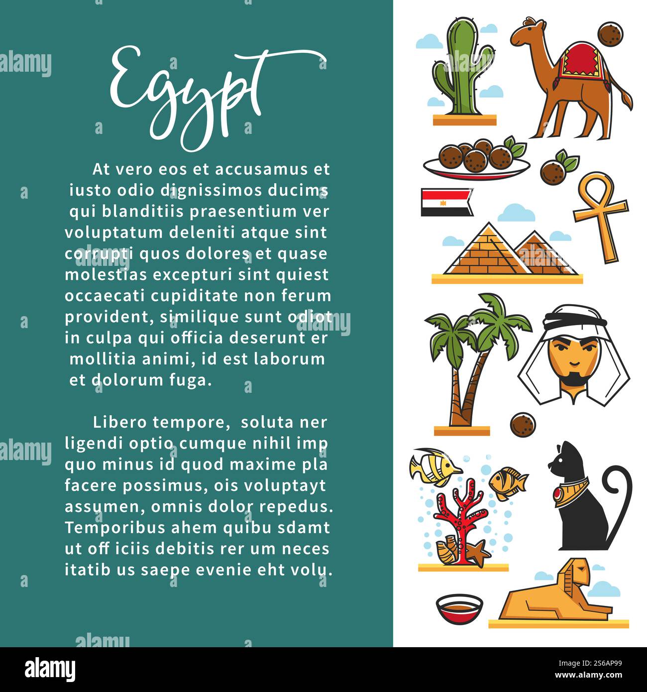 Bienvenue en Egypte architecture cuisine et animaux culture égyptienne vecteur tourisme pyramides et palmiers de chameau et sphinx Croix copte et chat bédouin et boules de viande récif corallien et cactus drapeau et thé .. Architecture et cuisine bienvenue à la culture égyptienne et aux animaux voyageant Illustration de Vecteur