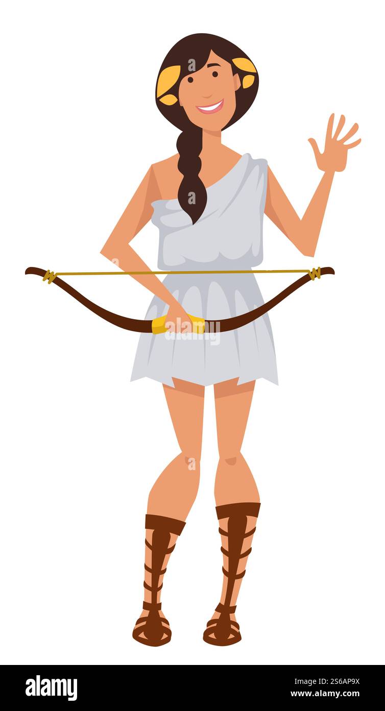 Ancienne déesse grecque Artémis avec symbole d'arc de chasse sauvage et vecteur de chasteté isolé femme de caractère en robe et sandales hautes tenant arme antique religion légende et mythe.. Artemis ancienne déesse grecque avec symbole d'arc de chasse sauvage et de chasteté Illustration de Vecteur Ancienne déesse grecque Artémis avec symbole d'arc de chasse sauvage et vecteur de chasteté isolé femme de caractère en robe et sandales hautes tenant arme antique religion légende et mythe.. Artemis ancienne déesse grecque avec symbole d'arc de chasse sauvage et de chasteté Illustration de Vecteur