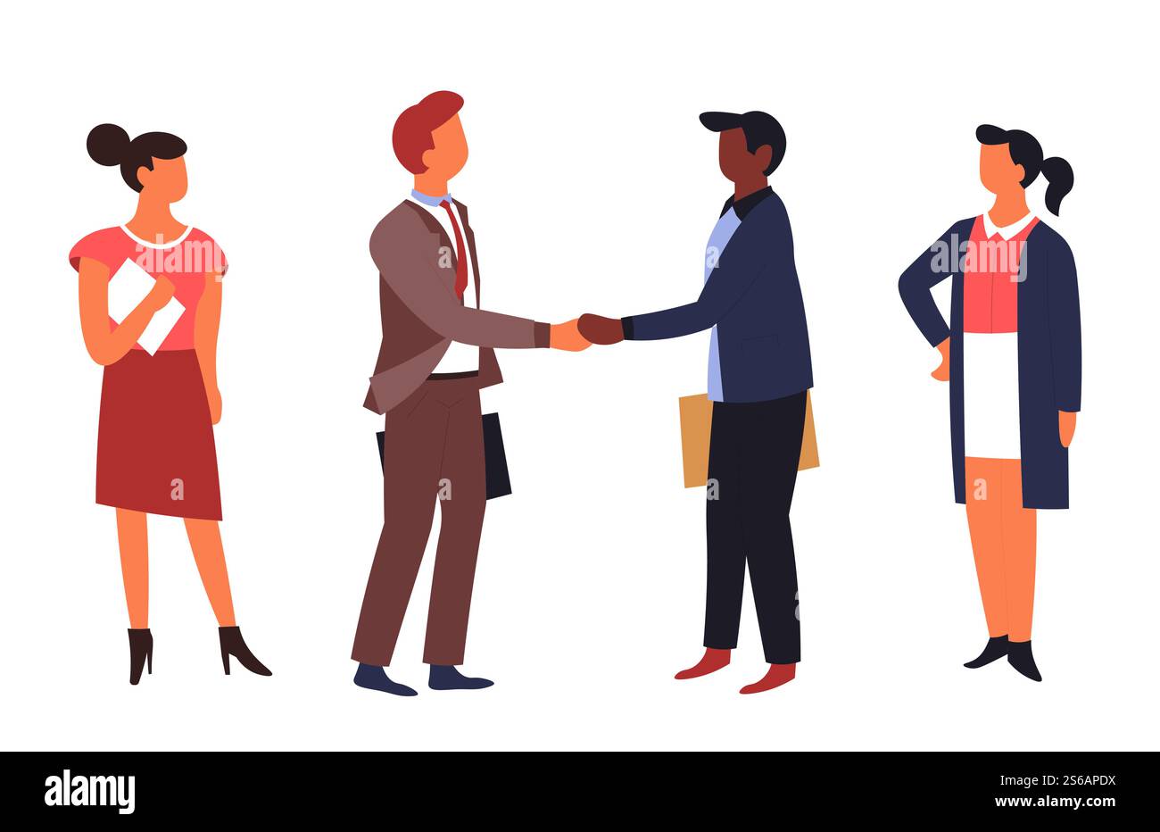 Poignée de main et traiter les hommes d'affaires et les femmes d'affaires patrons et secrétaires isolés personnages vectoriels employés de bureau d'entreprise en costumes et liens avec la coopération de porte-documents et la signature de contrat .. Traiter le geste de poignée de main hommes d'affaires et femmes d'affaires patron et secrétaires Illustration de Vecteur