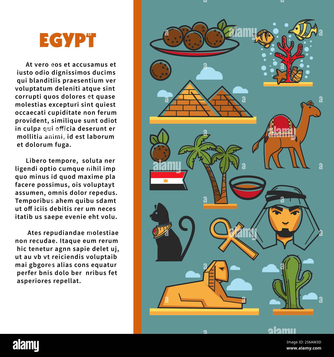 Bienvenue en Egypte architecture cuisine et animaux culture égyptienne vecteur tourisme pyramides et palmiers chameaux et sphinx croix copte et chat bédouin, et boules de viande récif corallien et drapeau de cactus et thé. Egypte voyage et tourisme architecture cuisine et affiche des animaux Illustration de Vecteur
