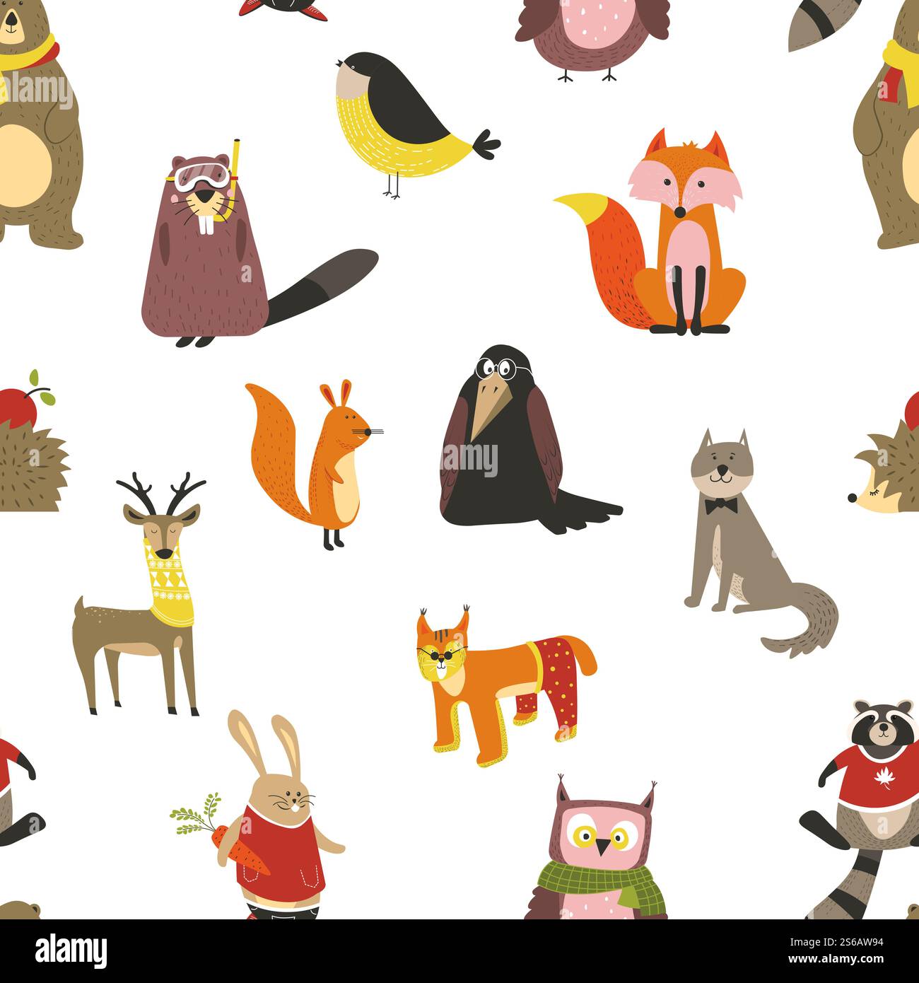 Mammifères sauvages et faune animaux et oiseaux européens modèle sans couture vecteur castor et titmouse renard et écureuil loup, et cerf lapin et ours hibou et raton laveur hérisson et lynx corbeau texture infinie. Animaux et oiseaux européens sans couture motifs mammifères sauvages Illustration de Vecteur