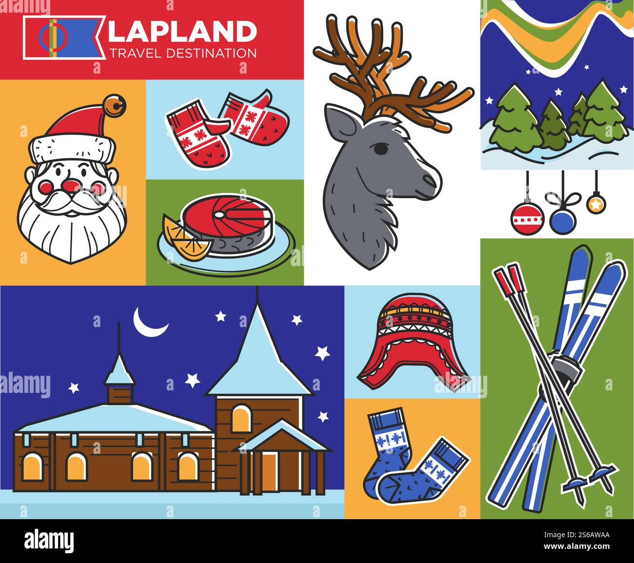 Maison du Père Noël et hiver Laponie voyage destination moufles vectorielles et chapeaux skis et cerf sapin ou épicéa et saumon plat de nourriture, et construction en bois de jouets d'arbre de Noël et équipement sportif renne. Laponie voyage destination Santa Claus maison et hiver Illustration de Vecteur