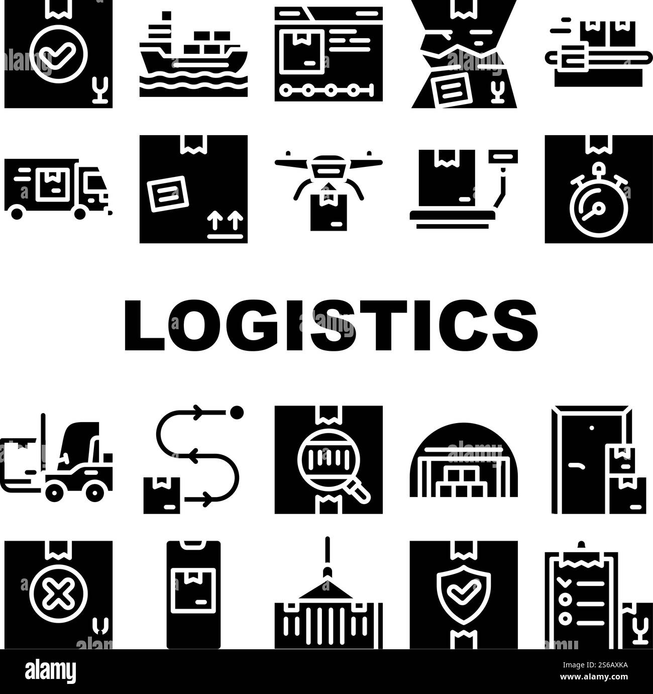 Vecteur d'ensemble d'icônes de collection de services logistiques. Logistique entrepôt et convoyeur, navire et camion, chargeur et drone de livraison, téléphone App Tracking pictogrammes de glyphe illustrations noires. Illustrations vectorielles de l'ensemble d'icônes de la collection de services logistiques Illustration de Vecteur