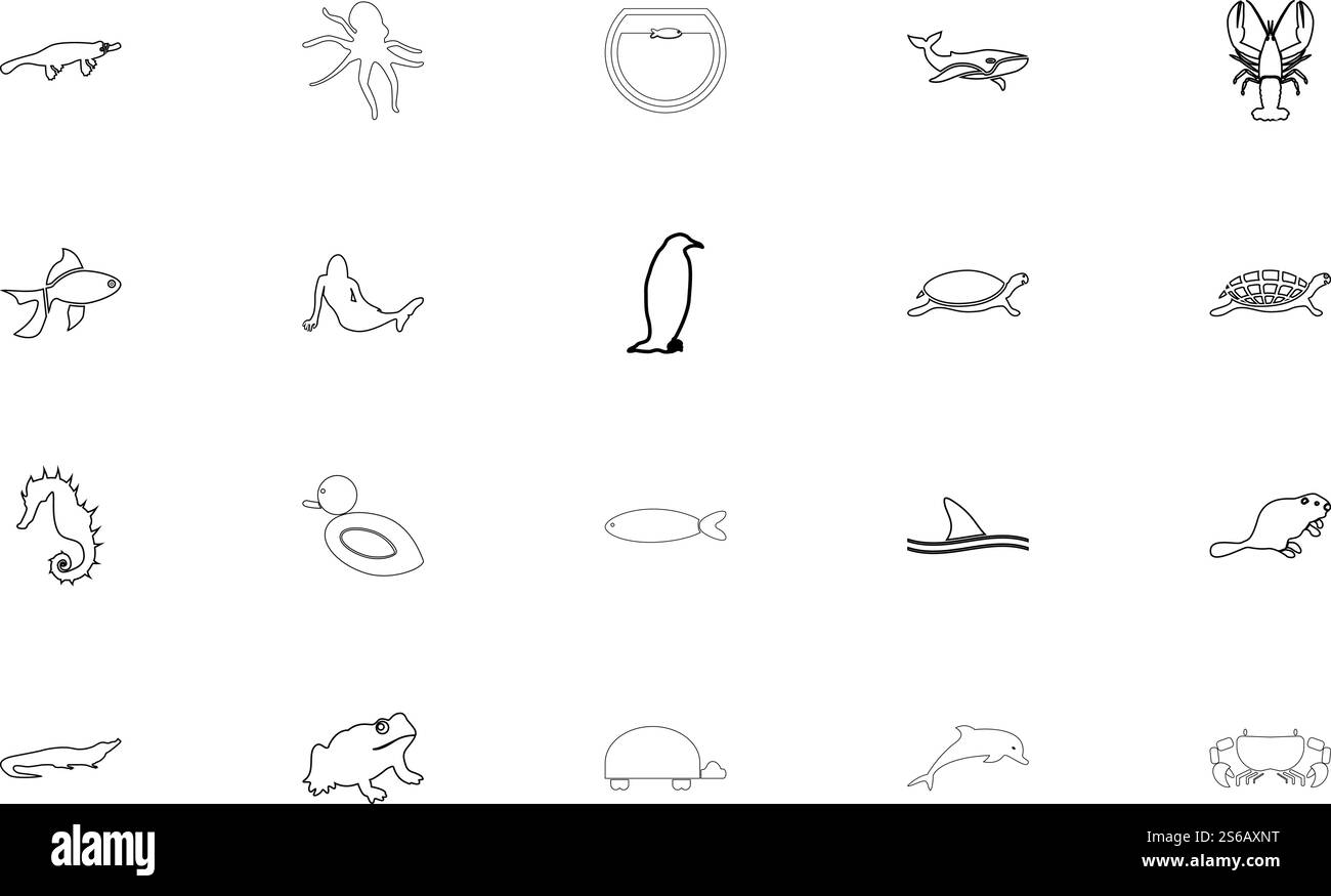 Illustration vectorielle de style de contour d'ensemble de couleur noire d'animaux aquatiques. Image de style de contour d'ensemble de couleur noire d'animaux aquatiques Illustration de Vecteur