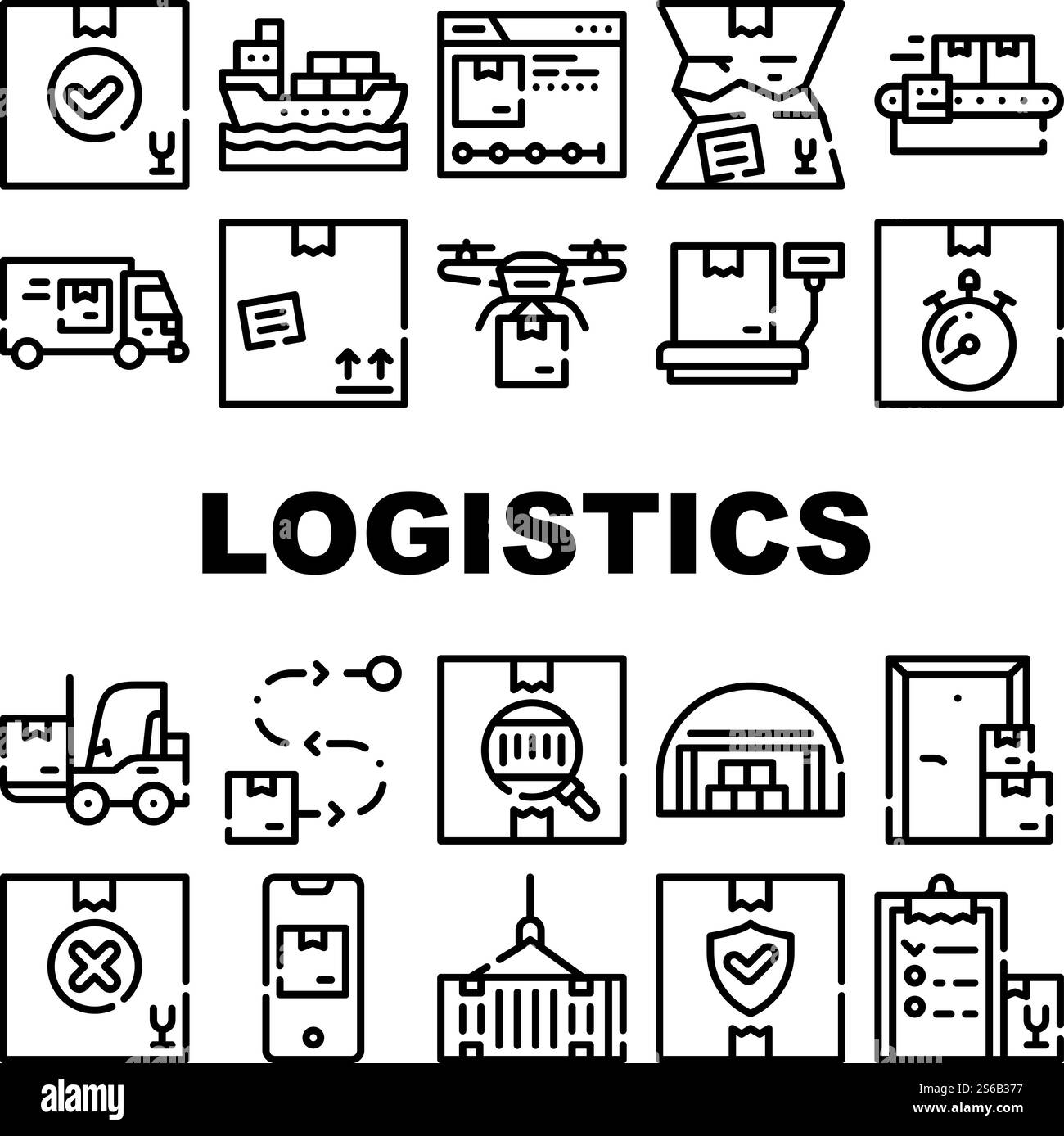 Vecteur d'ensemble d'icônes de collection de services logistiques. Logistique entrepôt et convoyeur, navire et camion, chargeur et drone de livraison, suivi de l'application de téléphone, illustrations de contour noir. Illustrations vectorielles de l'ensemble d'icônes de la collection de services logistiques Illustration de Vecteur