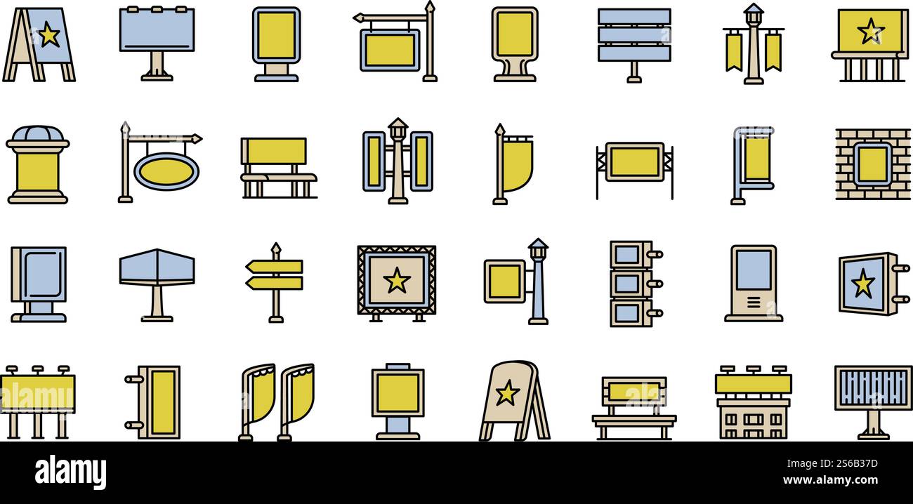 Icônes de publicité extérieure définies. Ensemble de contour d'icônes de vecteur de publicité extérieure pour la conception de Web isolé sur fond blanc. Icônes de publicité extérieure définies, style de contour Illustration de Vecteur