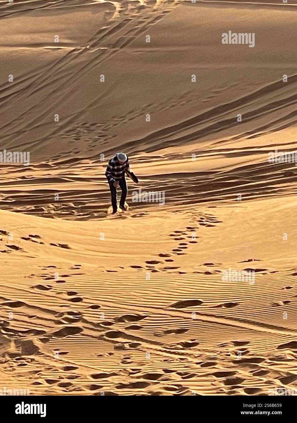 Homme âgé marchant avec un plateau de sable sous le bras vers le haut dune de sable Banque D'Images