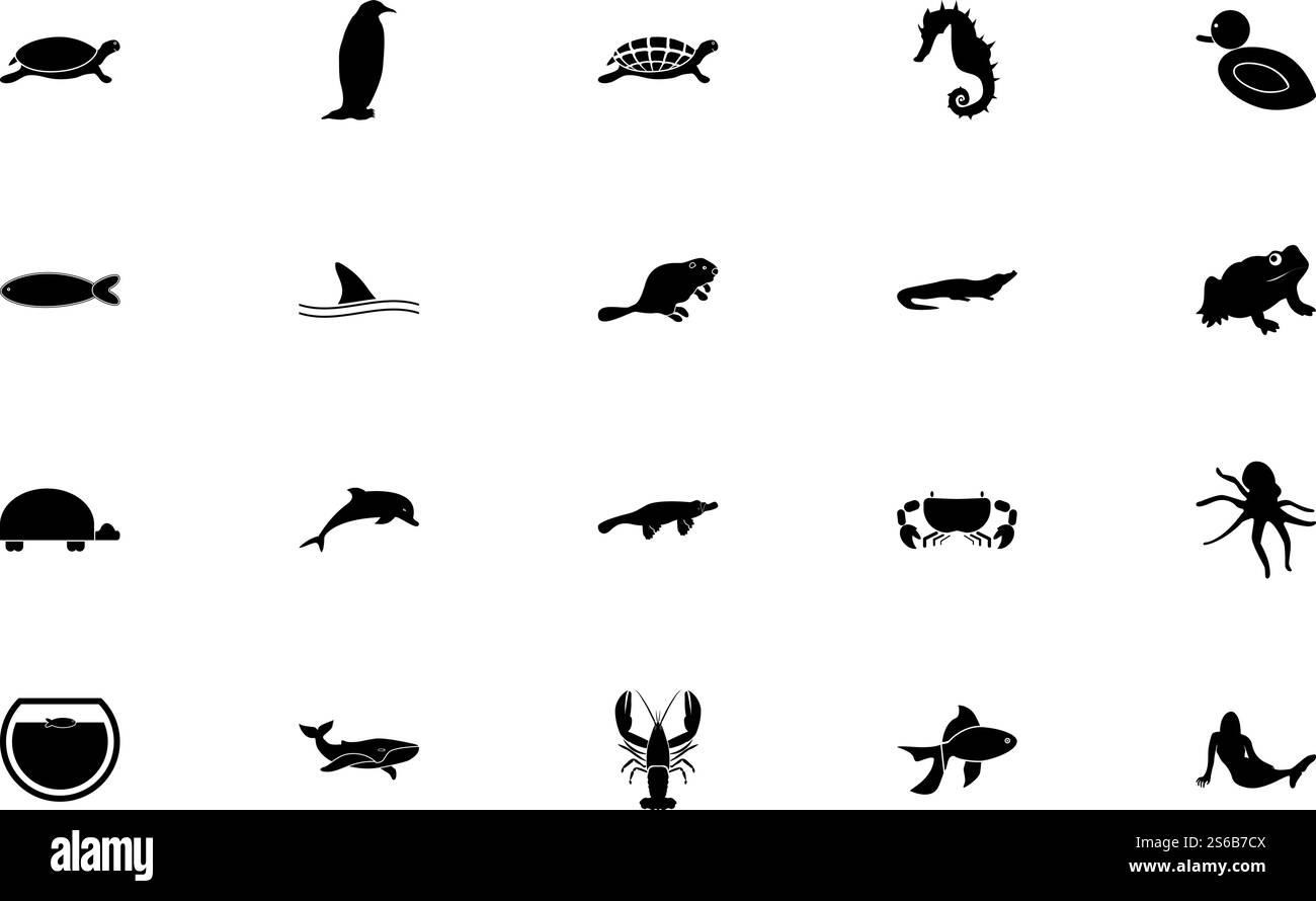 Illustration vectorielle de style solide d'ensemble de couleur noire d'animaux aquatiques. Animaux aquatiques couleur noire ensemble image de style solide Illustration de Vecteur