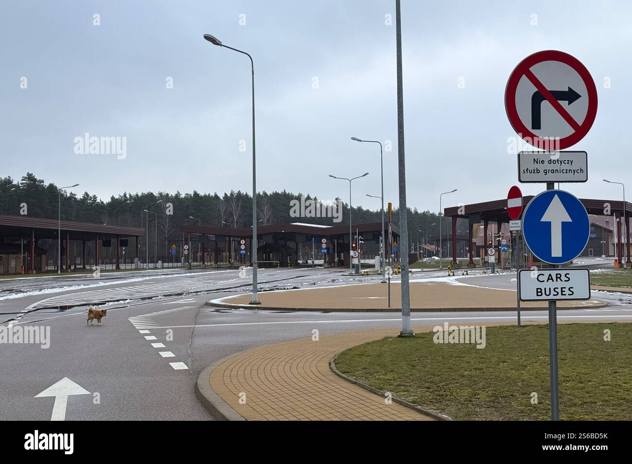 Polowce, Pologne. 16 janvier 2025. Une route mène à un passage à la frontière avec la Biélorussie, qui sera fermée en 2023 pour des raisons de sécurité. Crédit : Ansgar Haase/dpa/Alamy Live News Banque D'Images