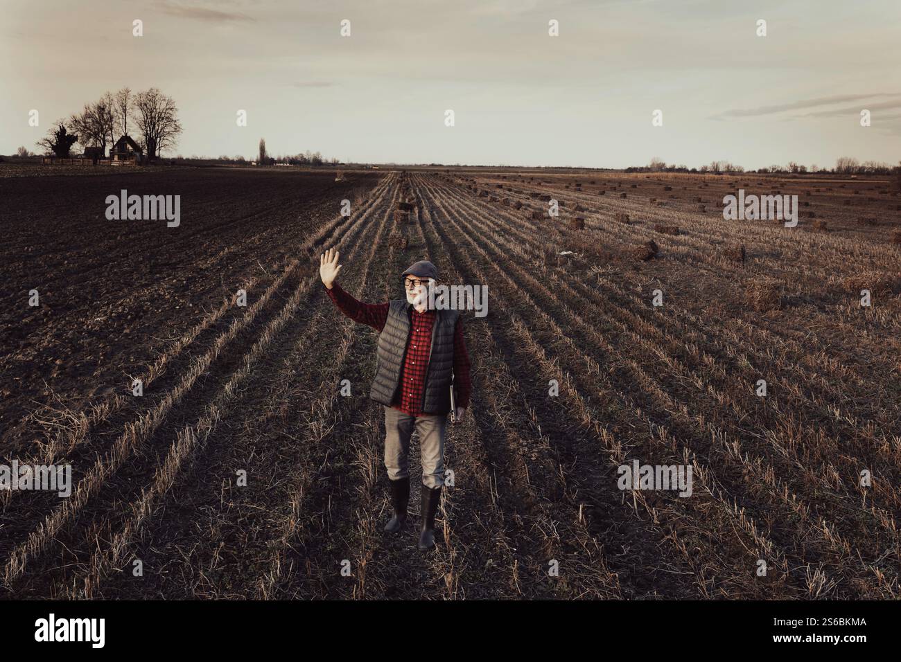 Image aérienne d'un agriculteur senior avec un ordinateur portable dans une main faisant signe avec l'autre pour saluer quelqu'un dans le champ après le processus de mise en balles à la fin de l'automne Banque D'Images