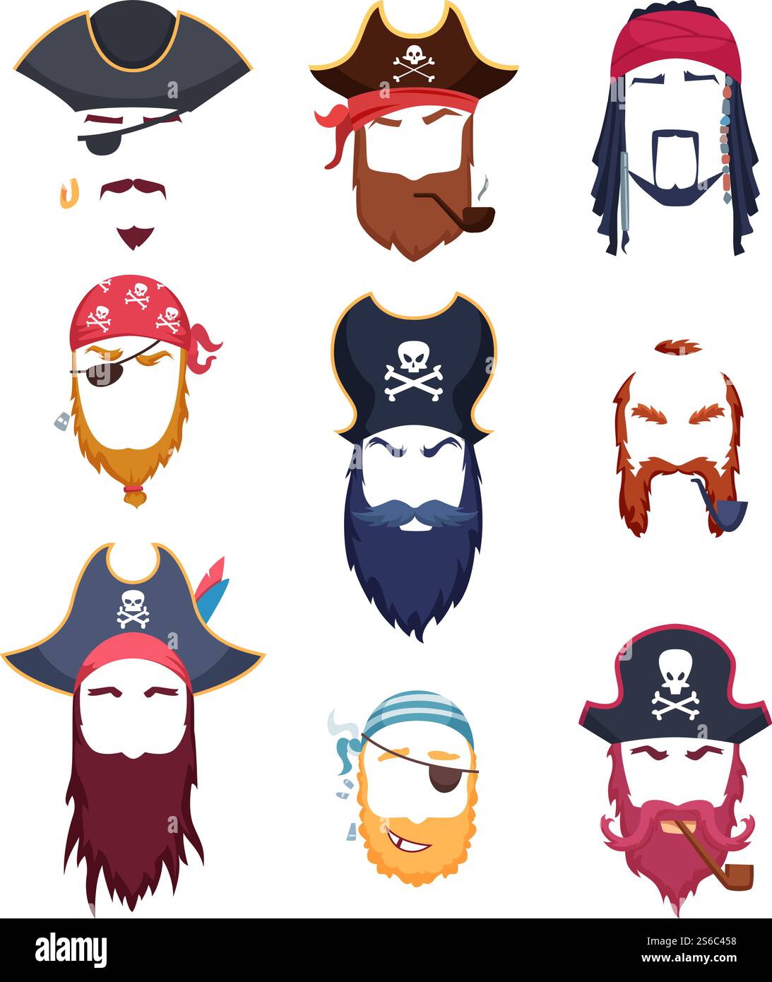 Masques pirates. Carnaval costumes élément moustache chapeau barbe crochet cheveux vecteur de création. Costume de pirate et masque carnaval, illustration amusante de mascarade d'anniversaire. Masques pirates. Carnaval costumes élément moustache chapeau barbe crochet cheveux vecteur de création Illustration de Vecteur